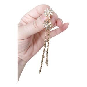 Vintage Crystal Rhinestone Daisy Flower Stud Dangle Tear Drop Stones Earrings 4"